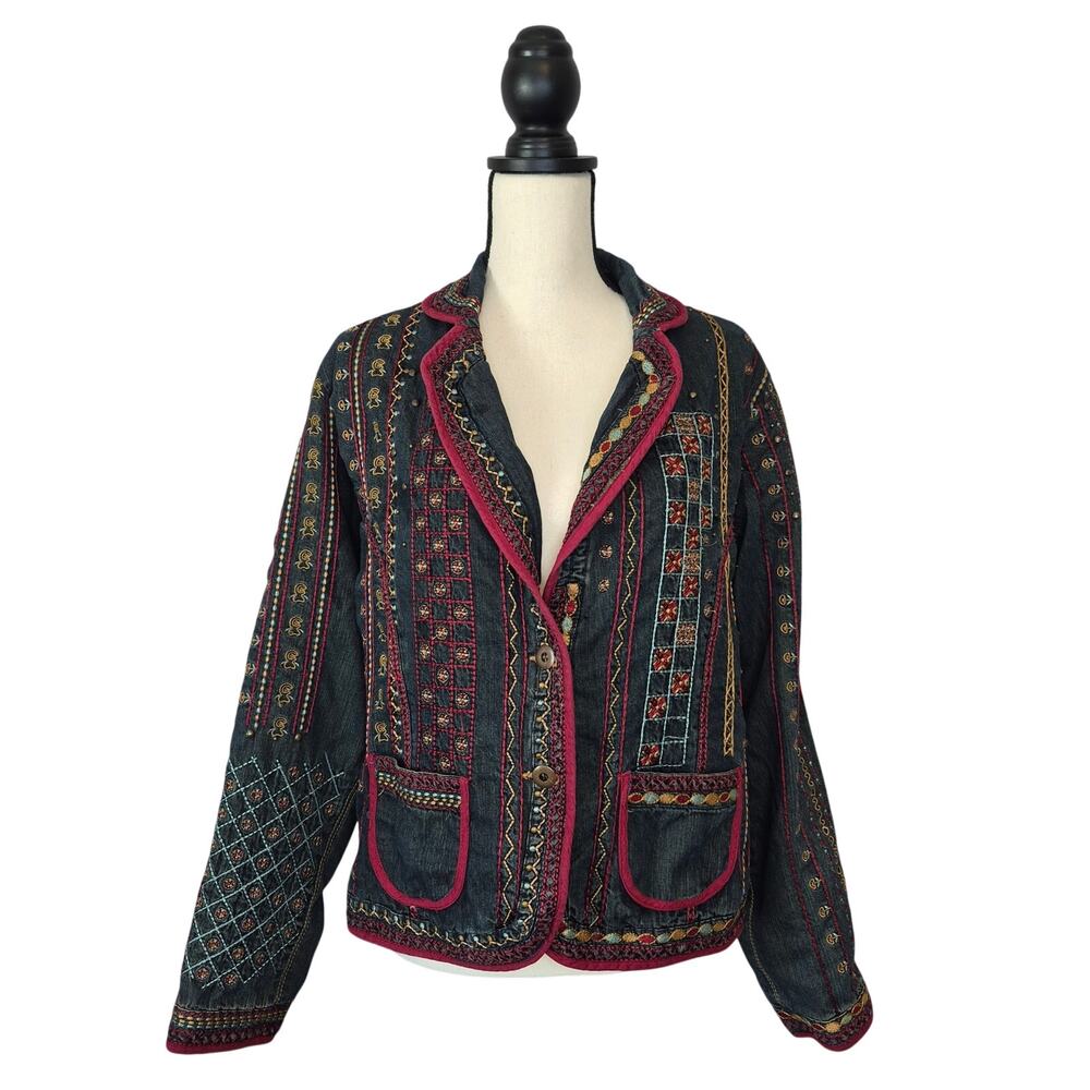 Chico's blazer dark wash denim boho embroidered brass buttons pockets sz L / 12